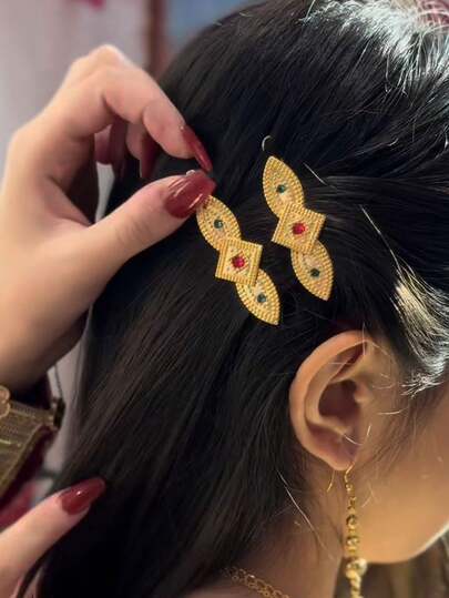 Herseygold 1 Pair Gold-Plated Middle Eastern Luxury Bridal Hair Accessories, Arabic Wedding Party Women Headpiece