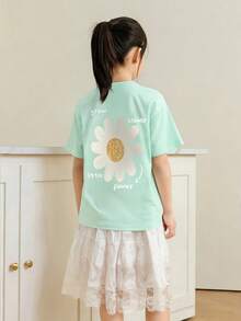 女孩和青少年休闲薄荷绿印花圆领短袖T恤，夏季上衣 - 薄荷綠 - 查看 2