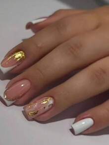 24片长棺材形白色法式美甲贴纸，带闪光设计，可重复使用，按压式甲片套装，含1片果冻胶和1个指甲锉，适合女性和女孩日常佩戴或参加派对美甲。 - 彩色 - 查看 7