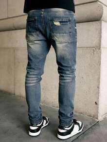 Men's Slim Fit Distressed Denim Jeans, Stretchy Fabric, Casual Street Style, Vintage College Look, All Season - 藍色 - 查看 4