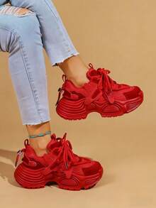 New Red Lace-Up Platform Thick Sole Casual Shoes, Women's Fashion Breathable Chunky Sneakers Leather Patchwork Stylish Personalized Student Shoes, Elegant Women Sports Shoes For Street Style, Outdoor, Holiday Occasions - 紅色皮面 - 查看 6