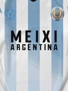 男士运动服新款字母数字印花宽松长袖T恤，世界杯国家队及足球俱乐部图案，舒适轻盈宽松版型，校园及街头风格，春夏秋季皆宜 - 藍白色 - 查看 3