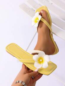 1双女士户外平底凉鞋，夏季款式，珍珠装饰，芙蓉花图案，露趾黄色度假拖鞋，百搭简约花卉人字拖凉鞋 - 黃色 - 查看 1