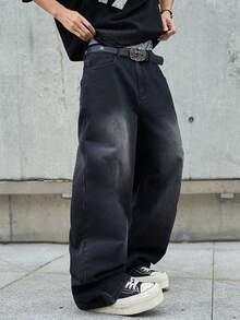 Hearty Haven 男士美式街头风刺绣阔腿牛仔裤，水洗休闲学院风宽松牛仔裤，四季皆宜，街头时尚（不含腰带或配饰） - 黑色 - 查看 7