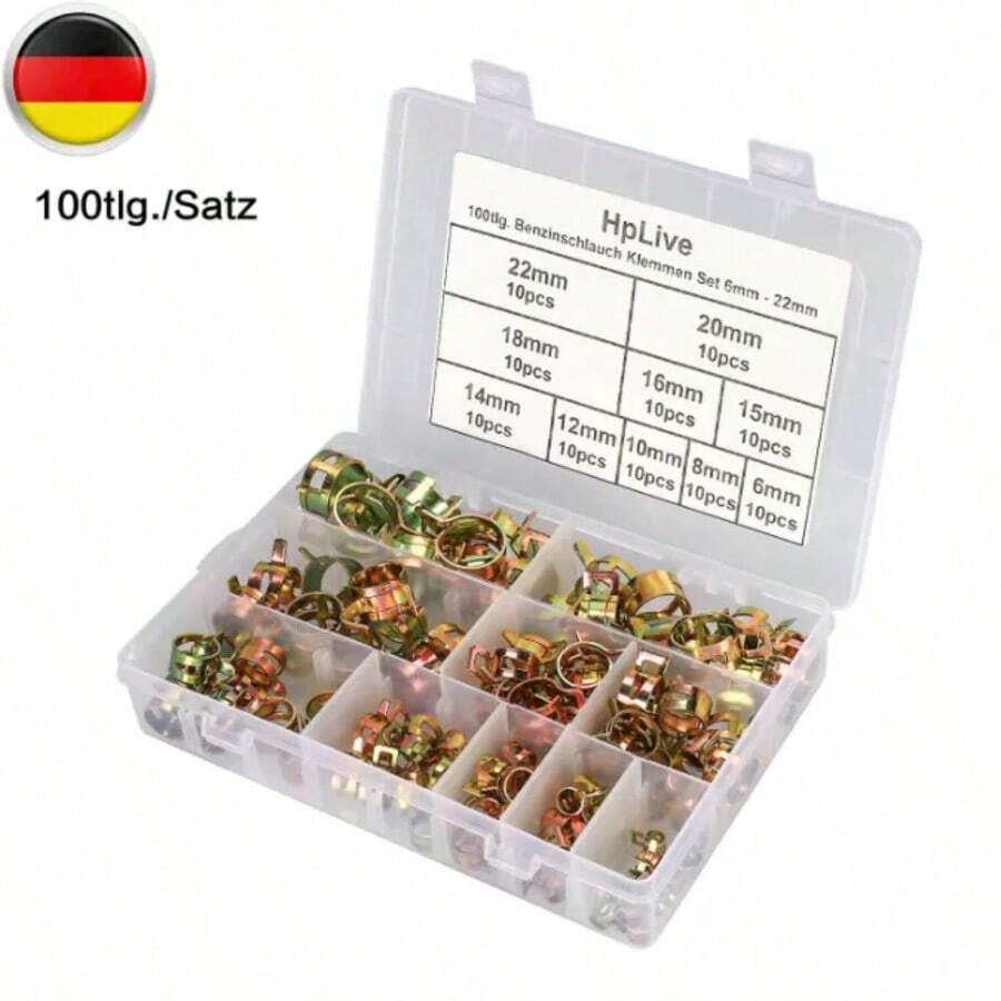 huiwuju 75/100/115pcs Galvanized Spring Hose Clamp Set - Durable Pinch-Style Fasteners, Suitable For 6-22mm Pipes - Oil, Fuel, Water Resistant - Comprehensive Metal Band Assortment - Multicolor - View 1