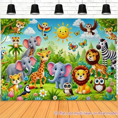 1 pieza de pancarta plana 2D Escena de fiesta de animales de la jungla soleada - Escena vibrante de la jungla, que incluye elefantes, jirafas, leones, cebras, monos, pájaros - Tela de poliéster duradera, fácil de colgar, adecuada para photocalls interiores/exteriores, cumpleaños, bodas