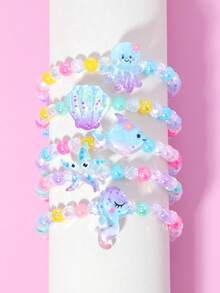 5件套可爱海洋主题章鱼、贝壳、鱼、海马、海星珍珠串珠手链腕带首饰套装，适合节日派对、学校活动、女孩生日礼物 - 彩色 - 查看 11