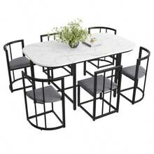Six-Chair Dining Table Set: (White Table, Chairs With Backrests And Grey Cushions, Black Iron Frame), Dining Table And Chair Set, Modern Dining Table Combination (Previous Sku: 308399408AAS) - Black and White - View 1