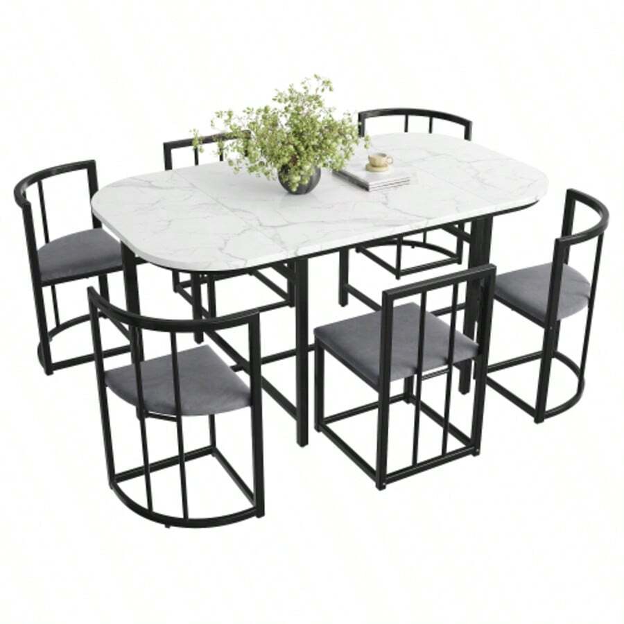 Six-Chair Dining Table Set: (White Table, Chairs With Backrests And Grey Cushions, Black Iron Frame), Dining Table And Chair Set, Modern Dining Table Combination (Previous Sku: 308399408AAS) - Black and White - View 1