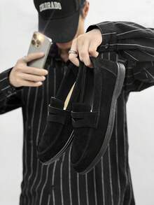 男士休闲乐福鞋，轻便透气平底纯色驾车鞋，套脚莫卡辛鞋，室内/室外鞋，舒适护理鞋 - 黑色 - 查看 5