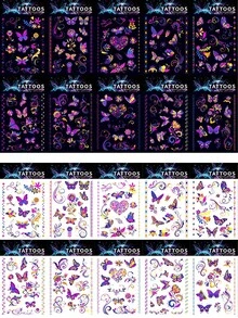 10张夜光纹身贴纸，防水防紫外线霓虹面部纹身，黑暗中发光临时纹身，身体贴纸，派对礼品用品，音乐节必备，情人节用品 - 彩色 - 查看 3