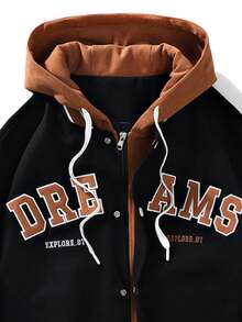 男士加大码长袖刺绣字母图案条纹饰边抽绳连帽夹克，复古摇滚风，秋季款