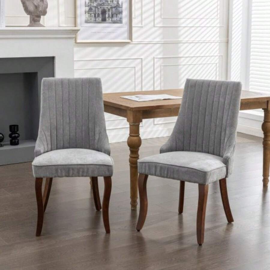 Rayon Cloth Flocking Linen Dining Chairs Channel Kitchen Dinner Chair Comfy Fabric Upholstered Accent Chair For Dining Room With Curved Solid Wood Legs,Set Of 2 (Gray), DE1847GY - Light Grey - View 1