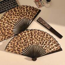 1pc Elegant Leopard Print Bamboo Folding Fan With Black Frame, Fashion Princess Theme, Lightweight Portable Hand Fan For Ladies, Suitable For Summer Travel, Beach And Daily Use