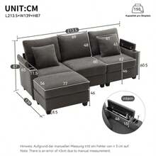 L-Förmiges Ecksofa, Umwandelbares 3-Sitzer-Sofa Mit Fußhocker, Getränkehalter, USB-Ladegerät, Armlehnenablage Und 2 Kissen, Geeignet Für Wohnzimmer/Büro/Wohnung, Dark Gray - Dark Gray - View 3