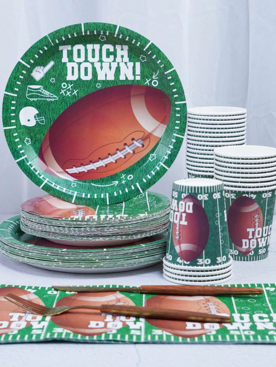 Bộ khay giấy dùng một lần chủ đề bóng bầu dục bao gồm cốc giấy 9 inch và 7 inch cùng khăn giấy. Thích hợp cho nhiều dịp khác nhau như câu lạc bộ, tiệc tùng, dã ngoại, đám cưới, tiệc gia đình và đồ dùng cho tiệc. Phù hợp để trang trí nhà bếp và phòng ăn, cũng như trang trí tiệc. Đây là bộ đĩa giấy và đồ dùng ăn uống dùng một lần. Thiết kế dành cho đám cưới và tiệc tùng. - Nhiều màu - Xem 1