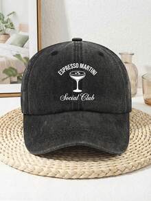 Cocktail Theme "ESPRESSO MARTINI Social Club" Vintage Washed Baseball Cap, Unisex Adjustable Curved Brim Hat, Suitable For Bar Dates, Friend Gatherings & Daily Urban Casual Style - A - View 1