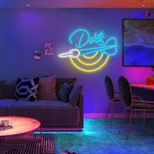 Colorful Glowing LED Flexible Silicone Neon Light (Data Cable Included): Ins-Style Blue & Yellow Contrast Dart Shape, Smooth Curves + Artistic Font Details, Ambience Lighting / Decoration 2-In-1 Dart Themed Neon Light, Suitable For Party, Bar, Game Room And Other Leisure Scenes, Night Scene Decoration / Full Of Festive Celebration Atmosphere, Soft Lighting Effect Non-Dazzling, Lightweight And Easy To Install, Create A Highlight Space. - White + Ice Blue + Lemon Yellow - View 4