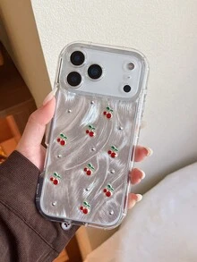 优雅的INS风格银色底座樱桃树脂全屏手机壳，兼容 17 Pro Max、16 Pro Max，也适用于 15/16、13/14 Pro Max、12/13 Pro Max。