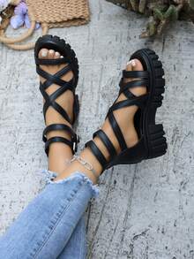 Women's Thick Sole Sandals With Multi-Strap Hook And Loop Design And Back Zipper, Black PU Upper High-Top Roman Sandals, Suitable For Beach, Sand, Casual Holiday - Black - View 2