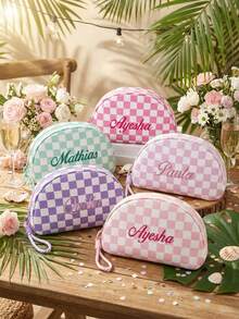 Bolsa de maquillaje bordada a medida con estampado de cuadros | Organizador de artículos de tocador de viaje para mujeres, regalo de despedida de soltera, regalo de ducha nupcial, bolsa de cosméticos para almacenamiento portátil - Multicolor - Ver 3