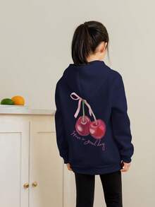 Tween Girl 休闲印花保暖内衬连帽运动衫夹克，适合秋季、春季和冬季 - 藏蓝色 - 查看 2