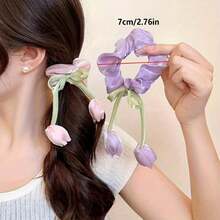 1-Piece Set/New Sweet And Versatile Tulip Flower Large Intestine Headband With High-End Temperament, Headband Tied High Ponytail Hair Accessory - 米色 - 查看 7