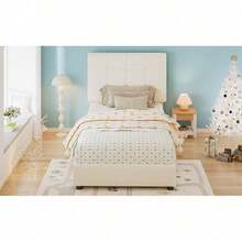 Lit de grande taille pour enfant sécurisé, design biscuit – Avec tête de lit douillette, barrières en mousse anti-choc, construction composite – 90x200 cm, couleur beige (Vendu sans matelas) - défaut - Voir 8