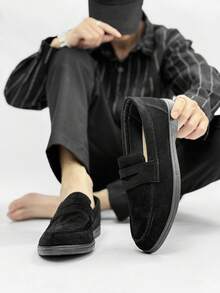 男士休闲乐福鞋，轻便透气平底纯色驾车鞋，套脚莫卡辛鞋，室内/室外鞋，舒适护理鞋 - 黑色 - 查看 6