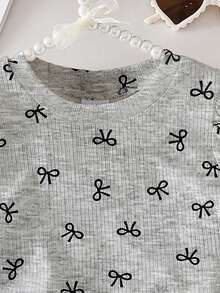 女婴蝴蝶印花泡泡袖T恤和网纱裙套装，甜美可爱街头风，优雅高贵 - 灰色 - 查看 4