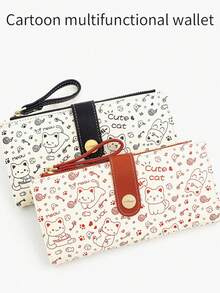 1个猫咪卡通印花长款钱包，带按扣和拉链，适合装硬币 - 多隔层零钱包/卡包 - 大容量零钱包 - 便携式卡包，女孩迷你钱包，小钱包，可爱钱包，情人节/新年礼物 - 多色-- - 查看 9