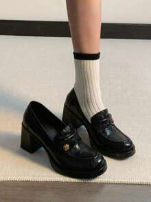 8厘米厚底厚底乐福鞋 | 复古软皮高跟鞋，英伦风一脚蹬皮鞋 - 黑色 - 查看 3