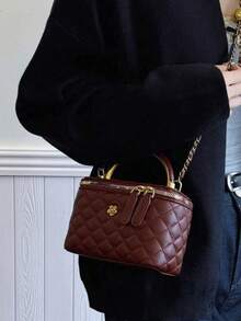 秋冬新款时尚经典百搭纯色方盒包，绗缝方包，手提包，拉链开合单肩包，金属扣装饰设计单肩包，适合旅行、购物、聚会、约会。