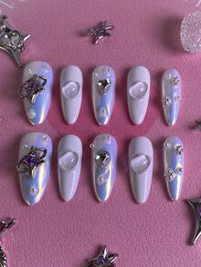 10 piezas Pegatinas de arte de uñas para mujeres, puntas de uñas con forma de almendra, decoraciones de uñas hechas a mano exquisitas, con un color base degradado de azul y blanco soñador, adornado con pequeños detalles como estrellas, perlas falsas y corazones. Cada pieza tiene un diseño único y una textura excelente. Este conjunto de uñas postizas acrílicas brillantes y reutilizables de cobertura total incluye pegamento para uñas y es perfecto para el Día de San Valentín, fiestas de cumpleaños, uso diario, colección o como regalo. - Multicolor - Ver 3