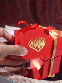5pcs Valentine's Themed Mixed-Shape Favor Boxes, Stylish Heart & "LOVE" Design, Red/Gold/White Boxes With Satin Bows, Perfect For Valentine's Goodie Bags, Romantic Holiday Treats, Couple Gathering Supplies & Festive Decor - 6x6x6cm - View 5