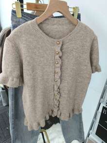Áo cardigan dệt kim tay ngắn cổ tròn kiểu vintage dành cho nữ, trang trí bằng bèo nhún và cúc kim loại, một chiếc áo len mùa hè thanh lịch và mềm mại. Áo kiểu nữ thanh lịch. - Lạc đà - Xem 11