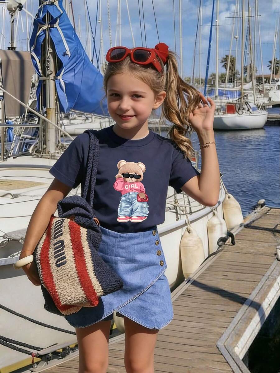 Tween Girls' Casual Pink Graphic Print Crew Neck Short Sleeve T-Shirt, Summer Top - Navy Blue - View 1