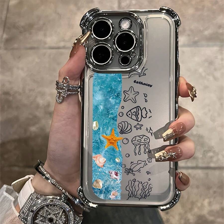 Funda de Teléfono con Tema Oceánico a para Varios Modelos de, Color Electrochapado de Alta Gama, Funda Protectora Transparente a Prueba de Golpes, Función Anticaída, Diseño Impreso de Moda, Hecha de Materiales Duraderos, Perfecta para U - Colores mixtos - Ver 1
