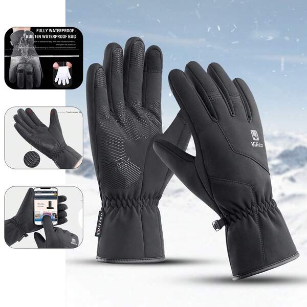Vilico 1 Pair Unisex Thick Black & Grey Warm Waterproof Ski Gloves, Touchscreen Gloves, Anti-Slip Shock-Absorbing Palm Pads, Soft Skin-Friendly Fabric, Elastic Wrist Strap, Temperature Lock Warm Gloves, Suitable For Fitness Equipment, Sports, Running, Weightlifting, Volleyball, Badminton, Skiing, Cycling, Hiking, Dancing, Outdoor Activities, Workout, Warm Gloves
