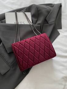 韩版菱形字母压纹休闲手提包，2024新款时尚达人简约单肩斜挎方包 - 酒紅色 - 查看 9