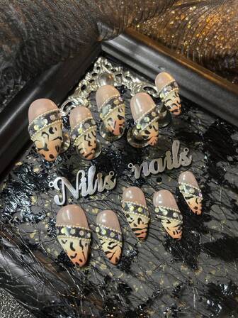 10pcs Almonds Nail Acrylic Kit,Apricot Nail Art,Black&Orange Tie Dye,3D Stereo Diamond&Chain Bead Nail Accessory Decoration,Hand Drawn Black Leopard Print,Y2k Style Nail Art Set,Suitable For Women And Girl To Festivals,Daily,Gatherings,Parties Use,Comes With 1 Mini Nail File And 1Double-Sided Adhesive Label Nail Stuff