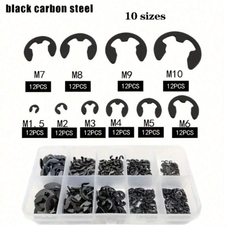 120/1000pcs Carbon Steel E-Shaped Open Spring, Open Spring C-Shaped Edging, Shaft E-Shaped Edging, Circlip Snap Ring - Black - View 1