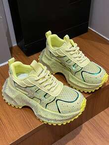 2025 New Starry Rhinestone Thick Sole White Sneakers For Women, Fashionable Elevated Casual Running Shoes, Ins Style - Yellow - View 2