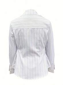 女士条纹长袖单排扣休闲衬衫 - 白色 - 查看 2