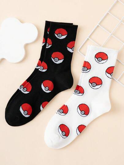 pokemon 2 Pairs Men's Pokémon Series Pikachu Patterned Interesting Cartoon Colorful Jacquard Mid-Calf Socks, , Sportswear, All Season, European & American Sizes, Comfortable Breathable , Vibrant Colors, Suitable For Daily Wear, Premium Fabric, Non-Sweaty