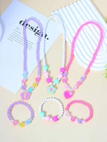 2pcs/Set Girls Cute Butterfly Flower Heart Pearl Beaded Bracelet Necklace Jewelry Set, Suitable For Girls Daily Wear And Gifting To Friends