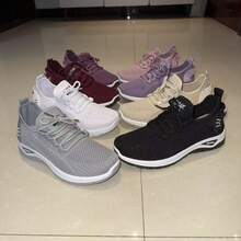 Women's Solid Color Casual Sports Fashion Fabric Lace-Up Flat Shoes, Comfortable Breathable Mesh Shoes, Low-Top Lace-Up Side Logo Heel Design Suitable For Home, Outdoor, Hiking, Travel And Various Occasions, All Season Wear, Women's Gift