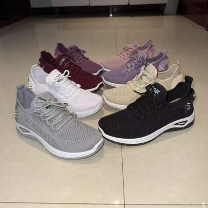 Women's Solid Color Casual Sports Fashion Fabric Lace-Up Flat Shoes, Comfortable Breathable Mesh Shoes, Low-Top Lace-Up Side Logo Heel Design Suitable For Home, Outdoor, Hiking, Travel And Various Occasions, All Season Wear, Women's Gift