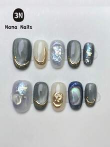 10pcs Handmade Nail Stickers, Blue Cat Eye Pattern, Mysterious & Charming, Gentle & Cute, Minimalist & Comfortable, Removable & Reusable, Suitable For Women, Suitable For Vacation Or Daily Wear Nails - Blue and White - View 9