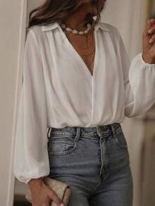 Áo kiểu voan trắng thanh lịch cổ chữ V chéo với cổ áo và tay phồng chun, thích hợp cho các hoạt động thường ngày, mẫu mới Xuân/Hè 2026. - trắng - Xem 6